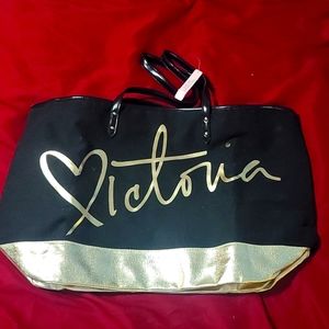 Large black canvas gold metalic tote bag purse with zip Brand new.